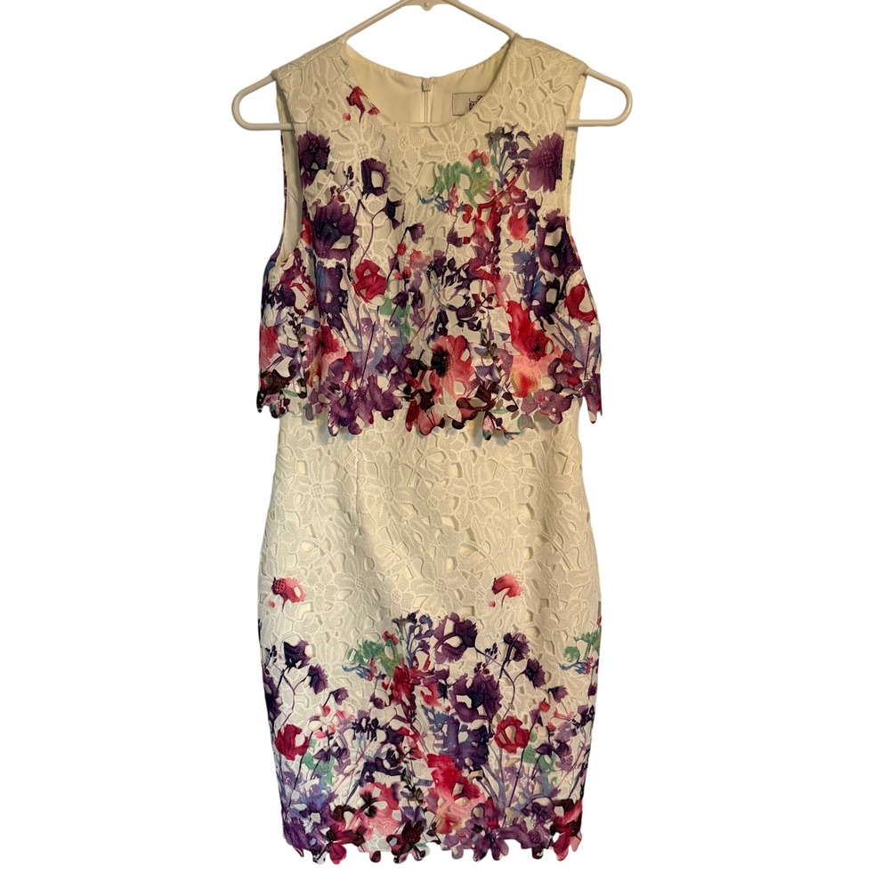 Belle Badgley Mischka Floral Lace Garden Party Women Sheath Dress Watercolor